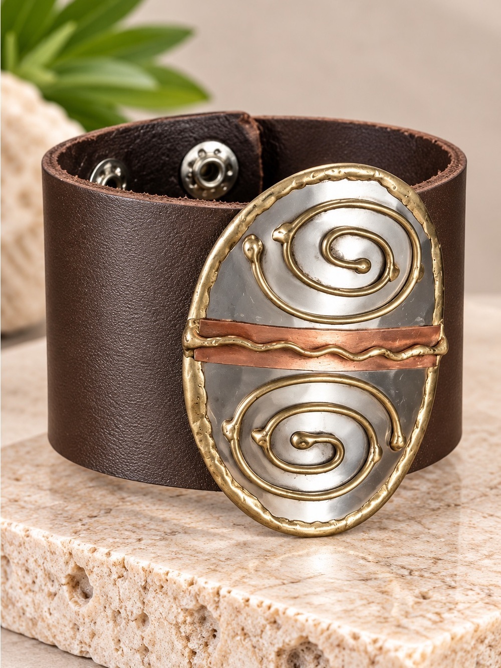Handmade Genuine leather bracelet with Swirl  mixed metals